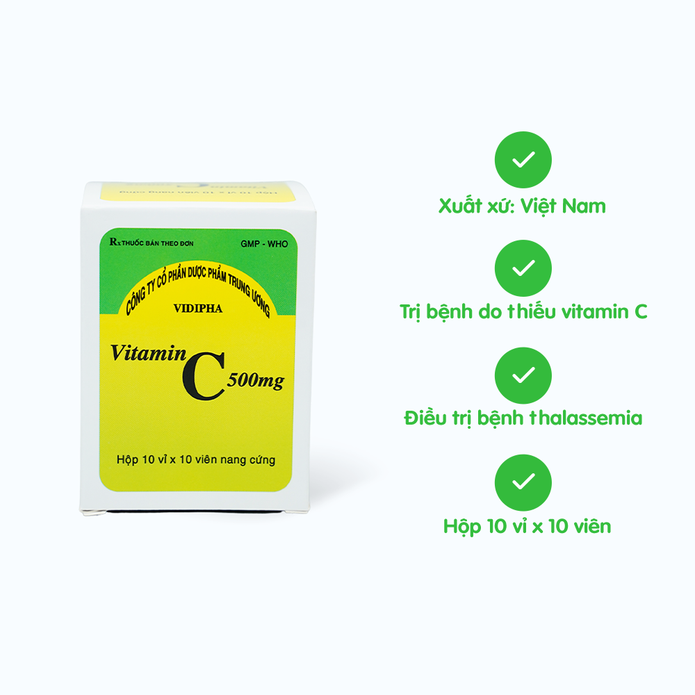 Viên nang Vitamin C 500mg Vidipha điều trị thiếu vitamin C (10 vỉ x 10 viên)