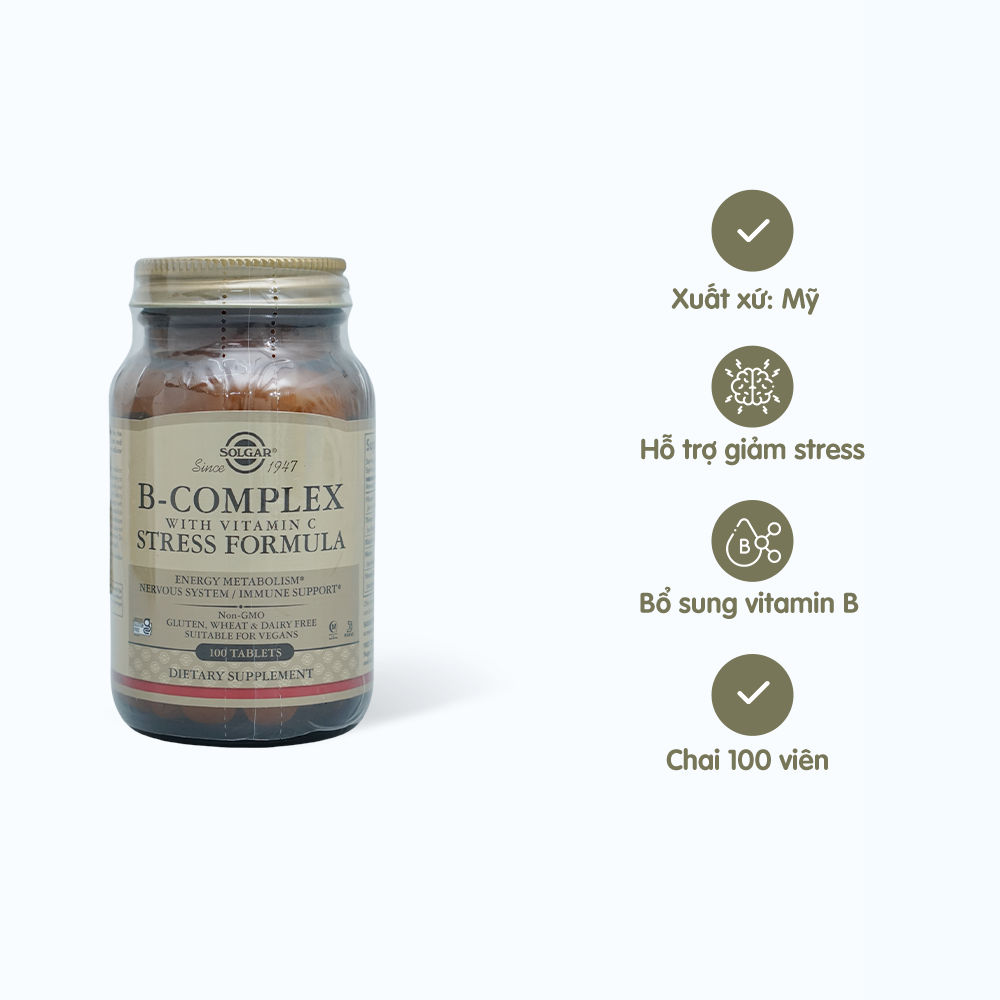 Viên uống Solgar B-Complex with Vitamin C bổ sung vitamin B, C (Chai 100 viên)