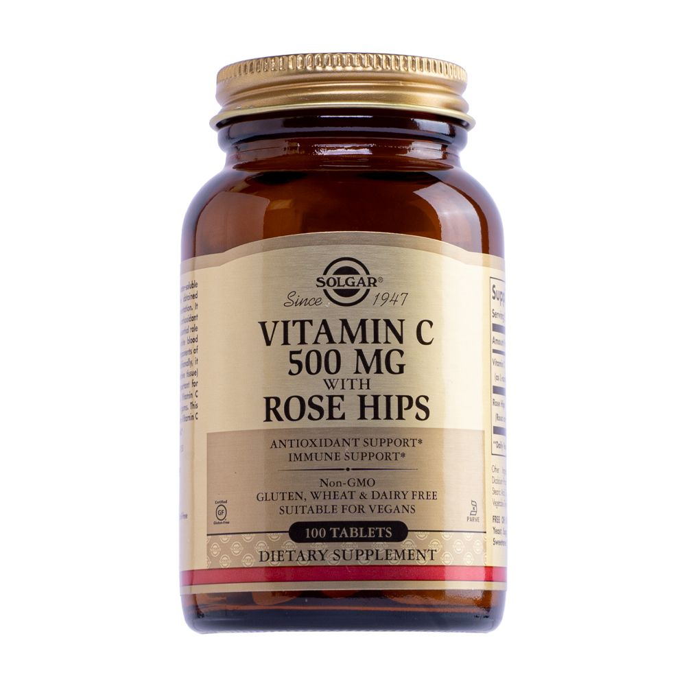 Viên uống Solgar Vitamin C 500mg w Rose Hips hỗ trợ tăng cường đề kháng (Chai 100 viên)