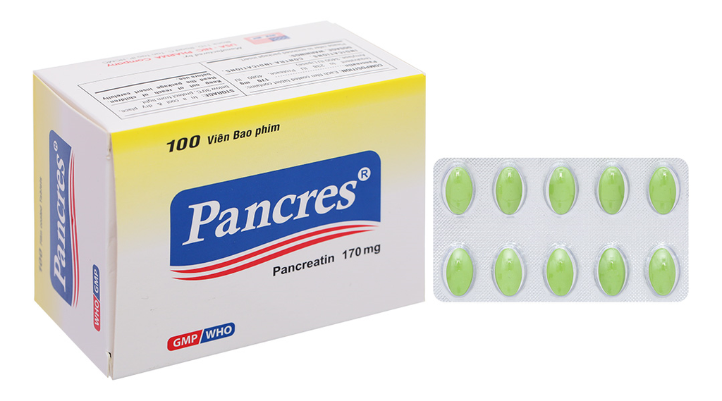 Pancres 170mg trị chứng kém hấp thu do thiếu các men tiêu hóa (10 vỉ x 10 viên)