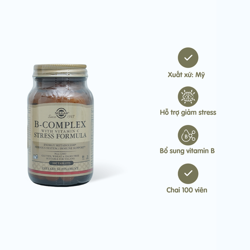 [VITA048] Viên uống Solgar B-Complex with Vitamin C bổ sung vitamin B, C (Chai 100 viên)