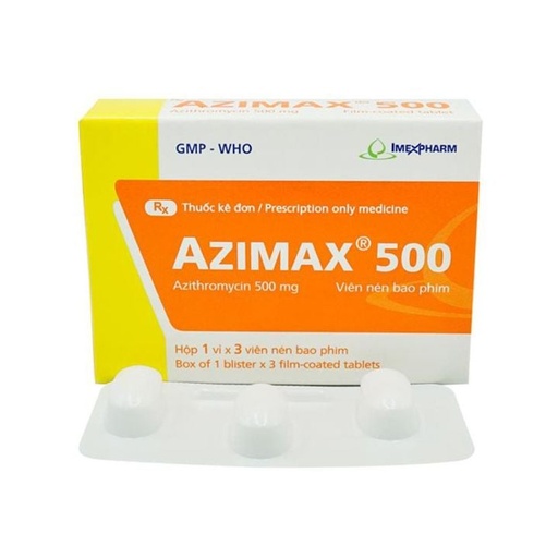 [KSI018] Azimax 500 - Điều trị các nhiễm khuẩn (Hộp 1 vỉ x 3 viên)