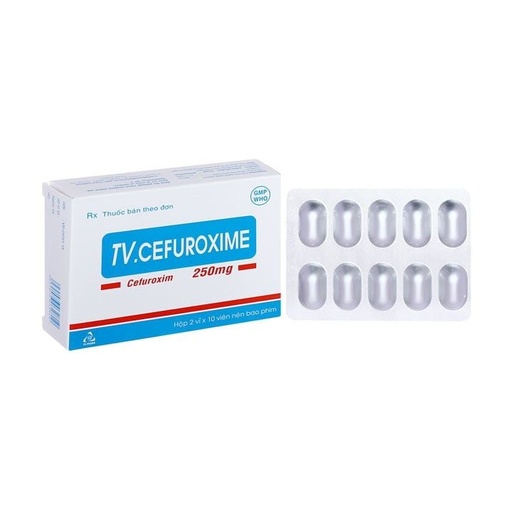 [KSI024] TV. Cefuroxime 250mg - Điều trị nhiễm khuẩn thể nhẹ đến vừa ở đường hô hấp dưới, điều trị nhiễm khuẩn đường tiết niệu không biến chứng (Hộp 2 vỉ x 10 viên)