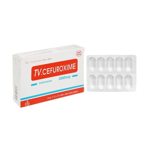 [KSI025] Tv.cefuroxime 500mg - Điều trị nhiễm khuẩn thể nhẹ đến vừa ở đường hô hấp dưới, điều trị nhiễm khuẩn đường tiết niệu không biến chứng (Hộp 3 vỉ x 10 viên)