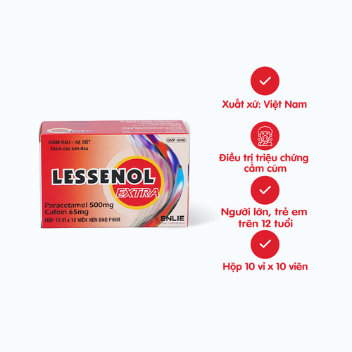 [ANAL041] Viên nén Lessenol Extra điều trị triệu chứng cảm cúm: đau đầu, sốt, đau họng (10 vỉ x 10 viên)